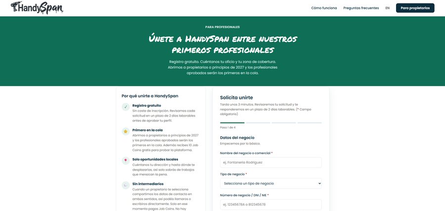 HandySpan tradesperson registration page in Spanish, showing benefits and Job Coins referral scheme