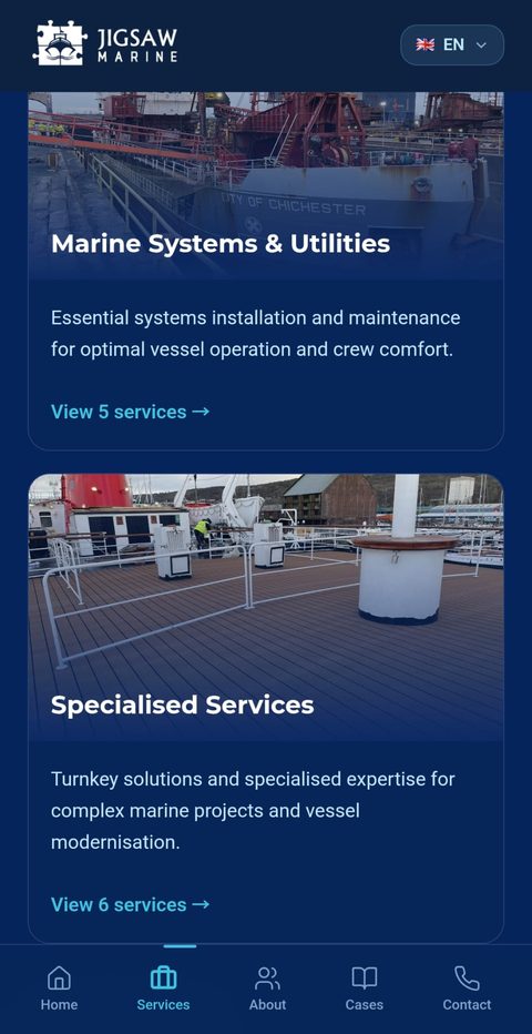 Jigsaw Marine app services screen