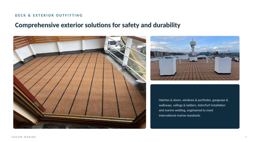Jigsaw Marine company overview presentation, deck and exterior outfitting slide
